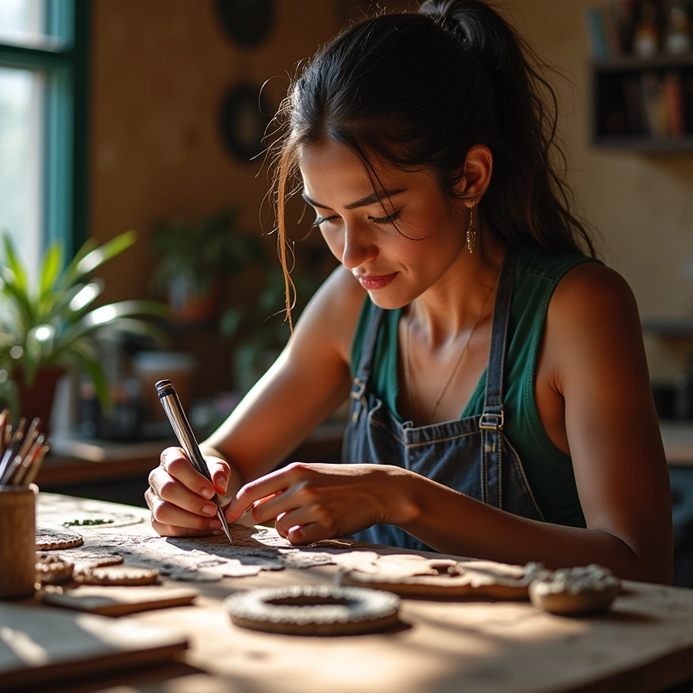 Artesã calculando o preço de suas joias artesanais em oficina iluminada, definindo preços para MEI.