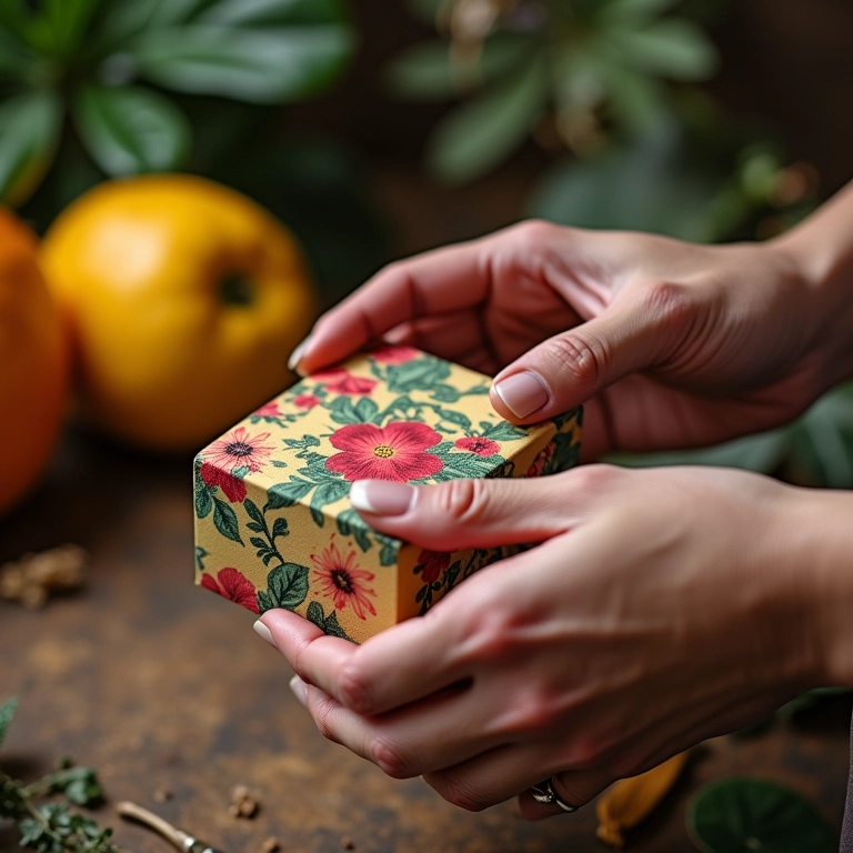 Artesã criando caixa de cartonagem francesa com tecido floral em ambiente aconchegante.