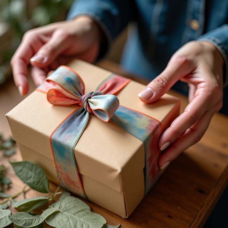 Artesã criando caixa de presente personalizada com papel colorido e fitas.
