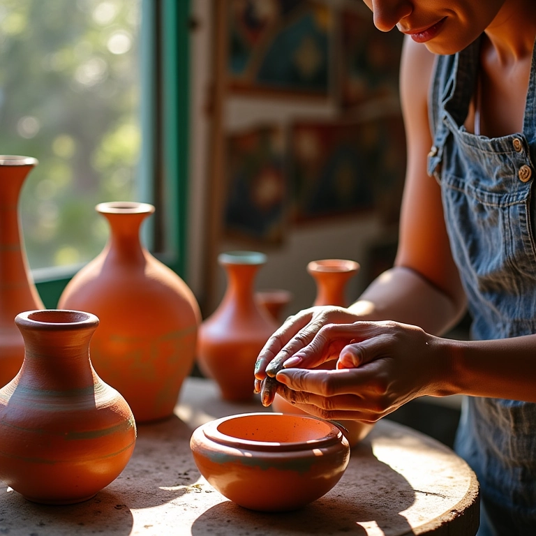 Artesã criando cerâmica colorida em oficina ensolarada, com anotações de marketing.