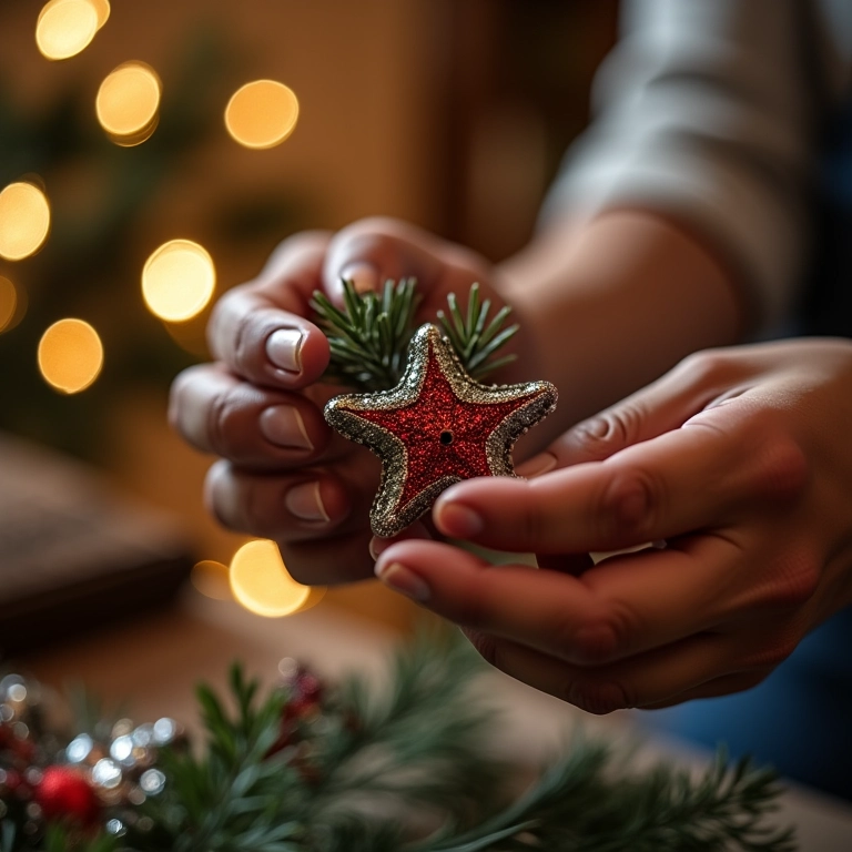 Artesã criando enfeites de Natal com materiais reciclados em casa.