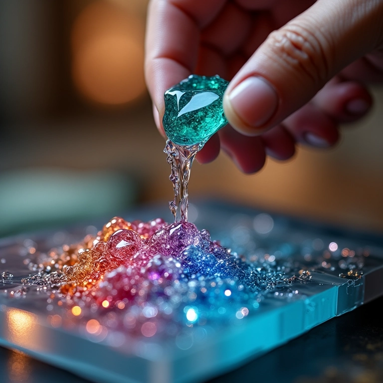 Artesã criando joia de resina epóxi cristalina.