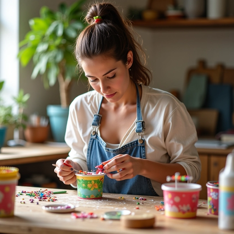 Artesã criando peças coloridas a partir de potes de sorvete reciclados em oficina com decoração brasileira.