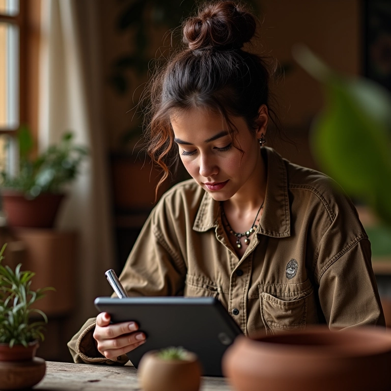 Artesã criando post para redes sociais em tablet, cercada por suas criações.