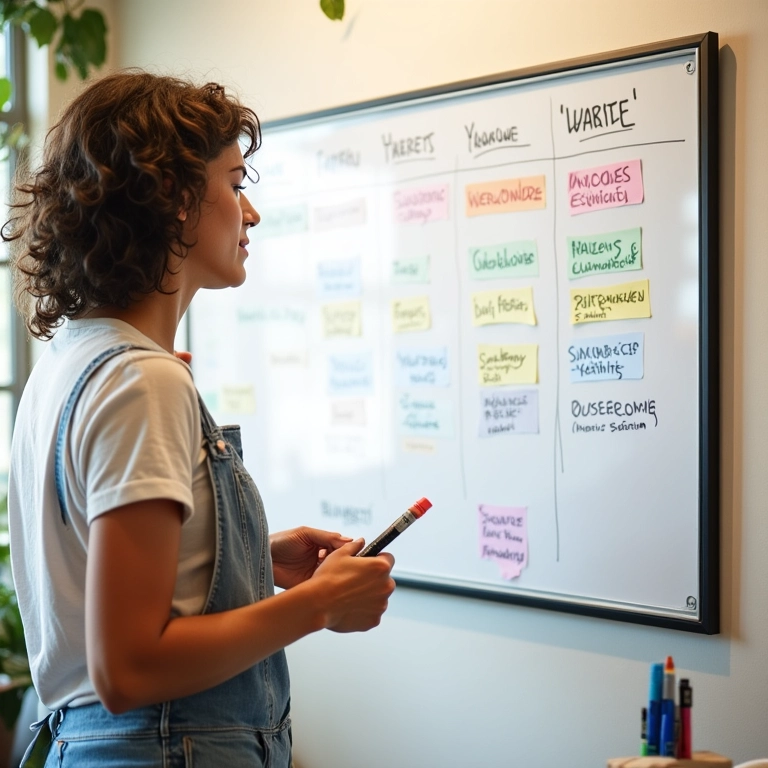 Artesã criando um cronograma detalhado em um quadro branco colorido.