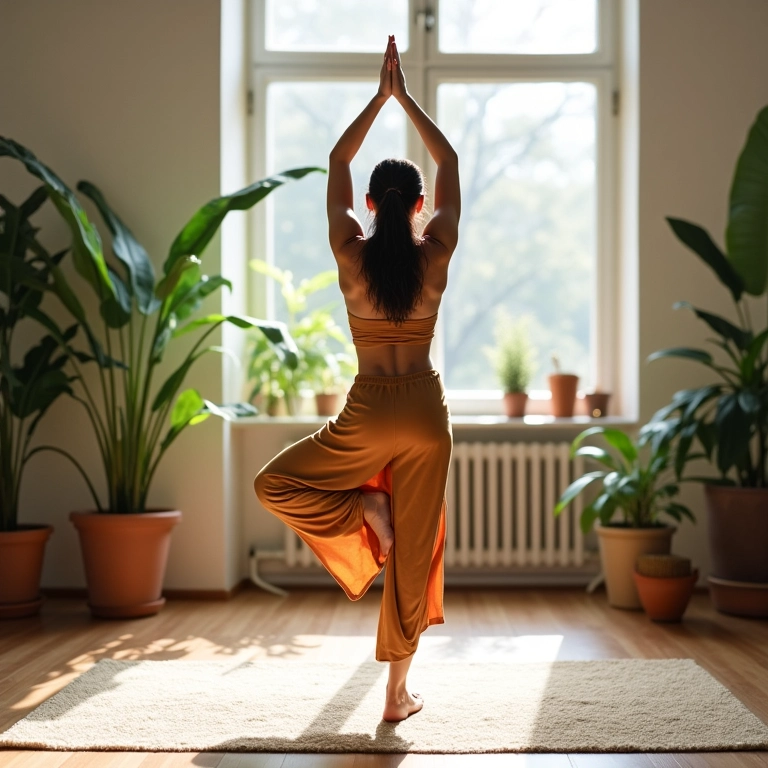 Artesã cuidando da saúde com yoga em um estúdio iluminado.