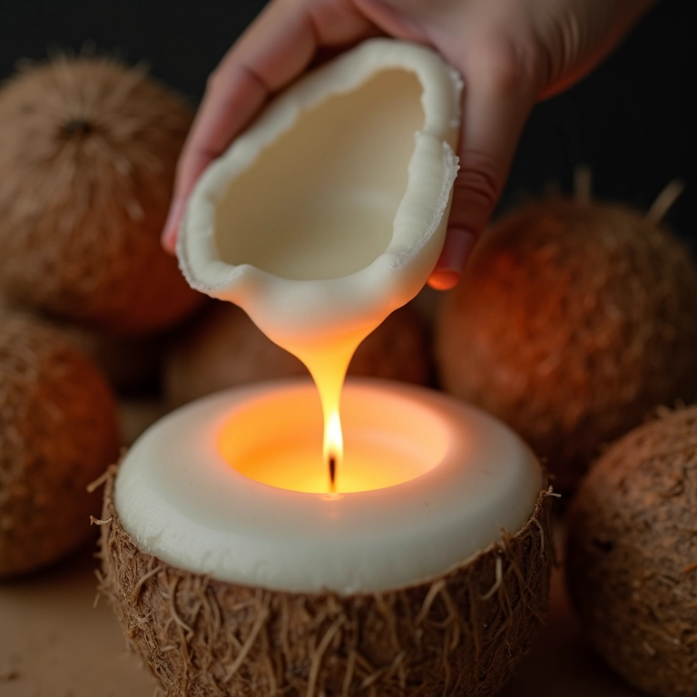 Artesã derramando cera de coco em recipiente de vela.