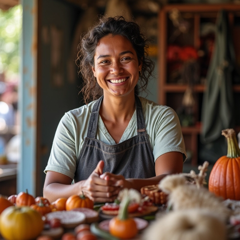 Artesã divulgando seus produtos em um mercado local brasileiro.
