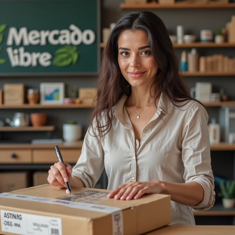 Artesã embalando produto artesanal para envio, com logo do Mercado Livre ao fundo.