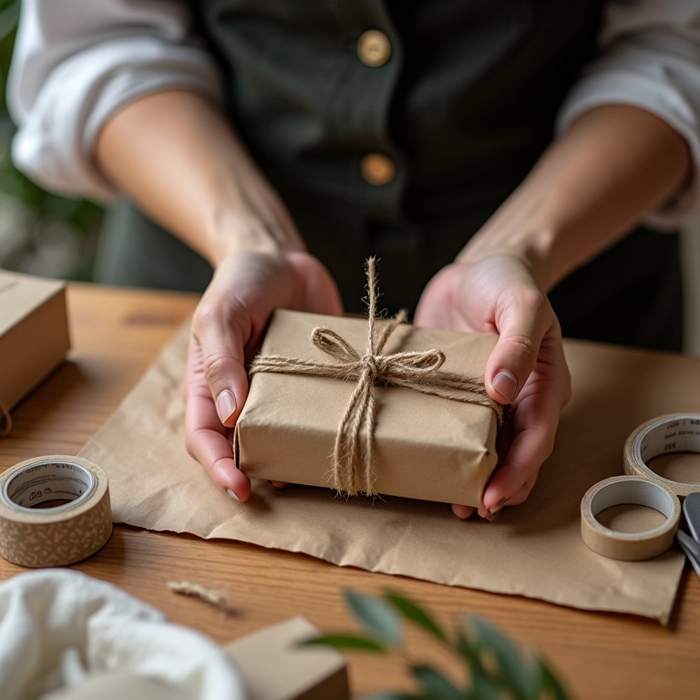 Artesã embalando sabonete artesanal com papel kraft e barbante em estúdio iluminado.