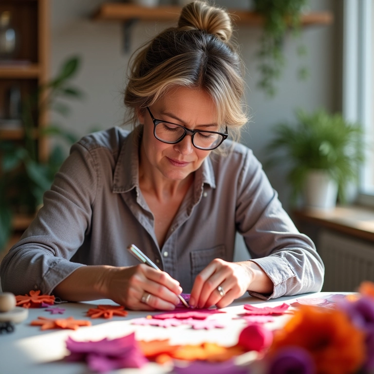 Artesã experiente criando flores de feltro em sua mesa de trabalho.
