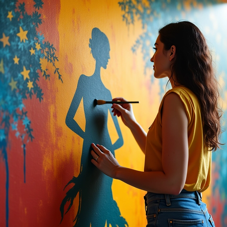 Artesã finalizando um quadro decorativo com tema de dança.