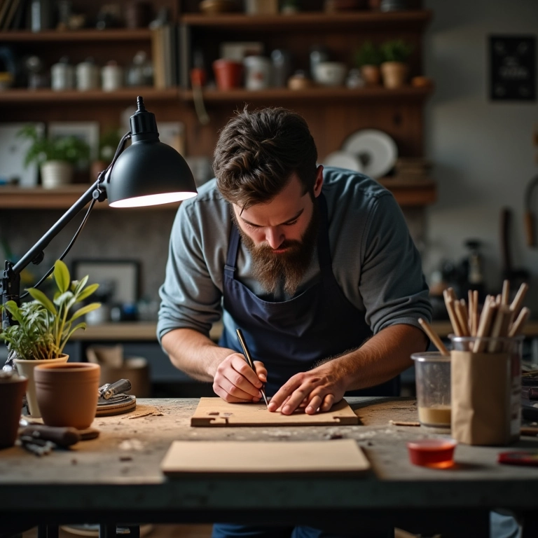 Artesã frustrada em um espaço de trabalho desorganizado e inadequado.