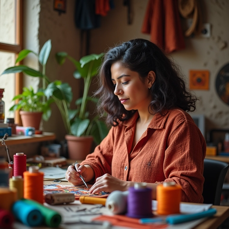 Artesã latina trabalhando em um espaço ergonômico e iluminado, cercada de materiais coloridos.