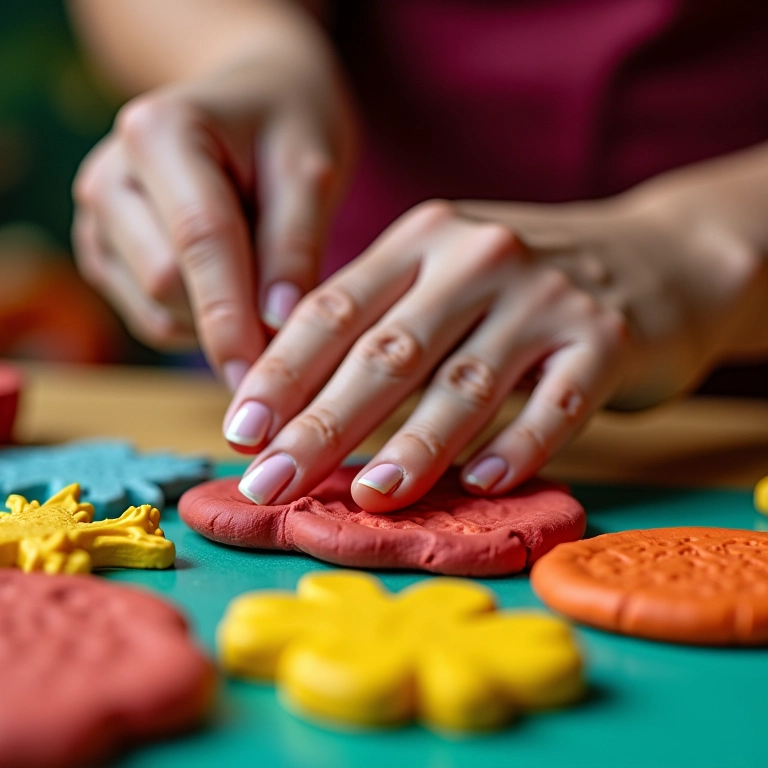Artesã modelando biscuit com ferramentas em bancada colorida.