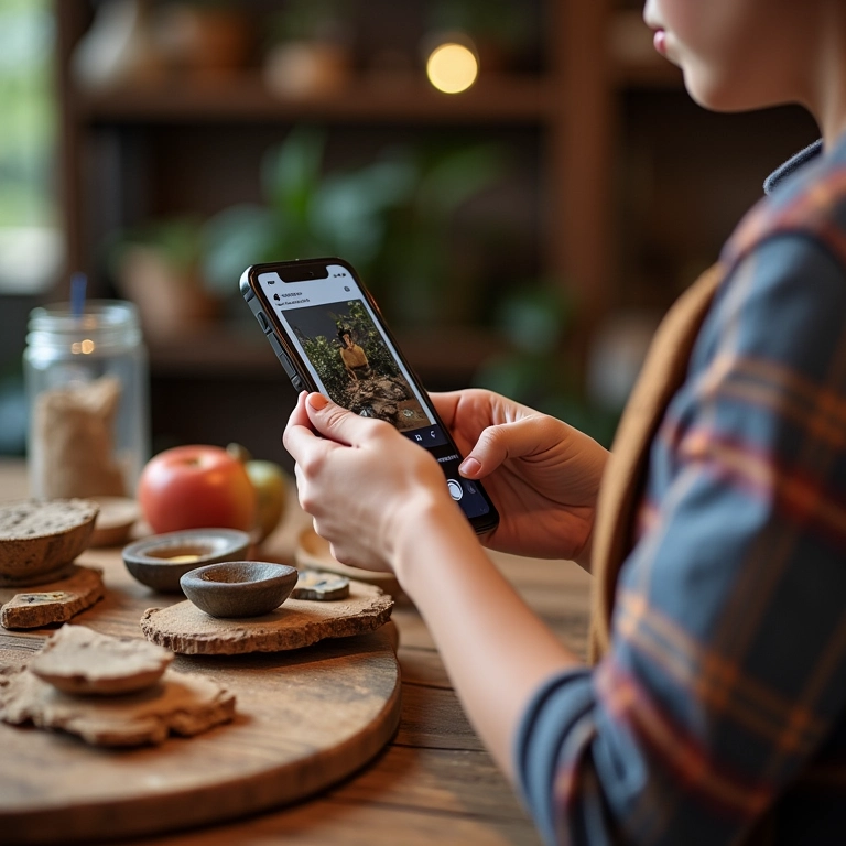 Artesã mostrando seus produtos no Instagram, usando o celular para marketing nas redes sociais.