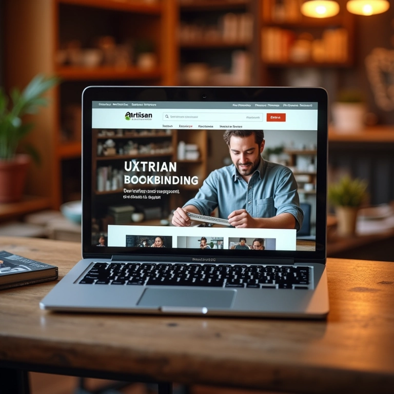 Artesã navegando em loja online de materiais para encadernação artesanal.