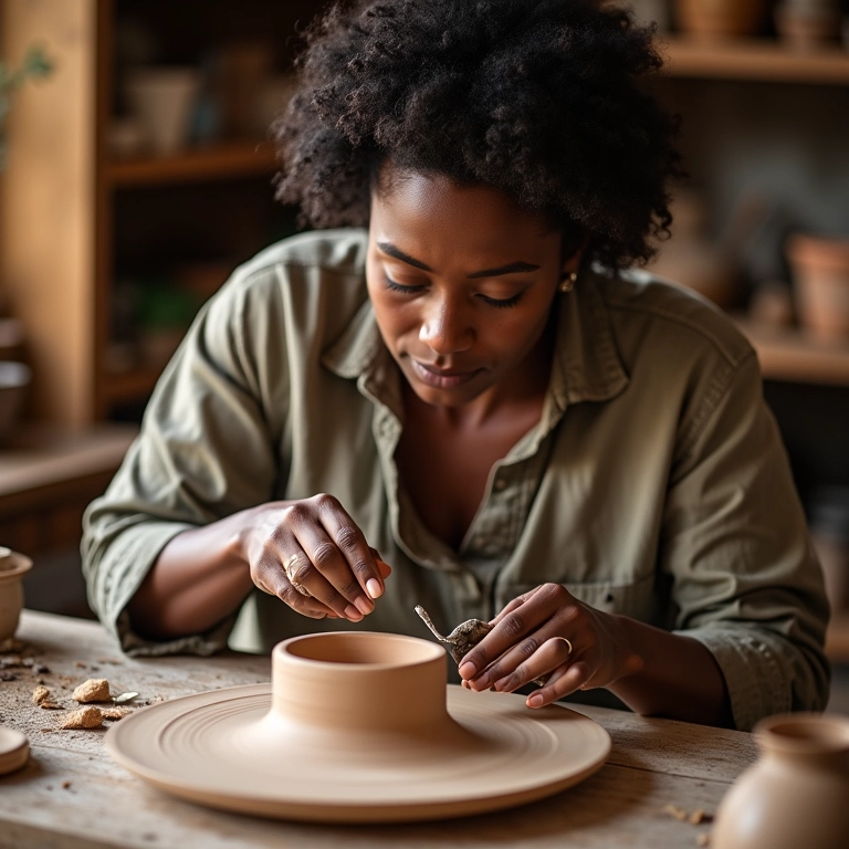 Artesã negra criando cerâmica e vendendo no Elo7.
