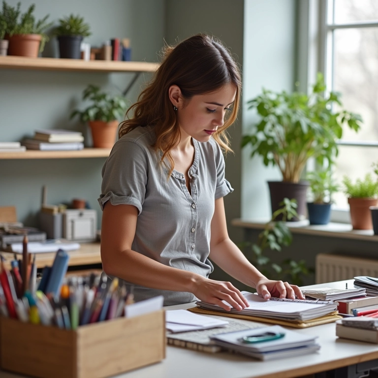 Artesã organizando seus materiais em um ateliê claro e organizado, enfatizando os benefícios da organização.
