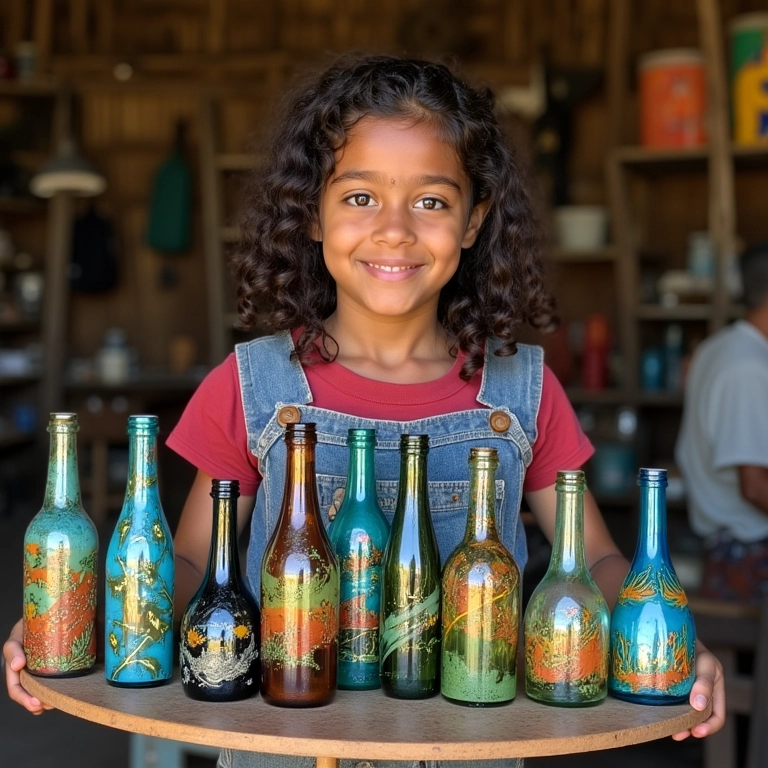 Artesã orgulhosa exibe coleção de garrafas decoradas.