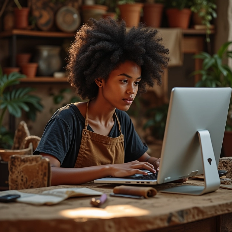 Artesã otimizando SEO de website em computador, cercada por produtos artesanais.