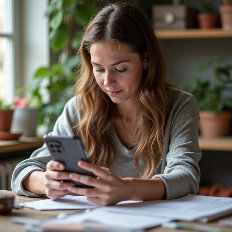 Artesã pesquisando hashtags no celular, cercada por materiais de artesanato.