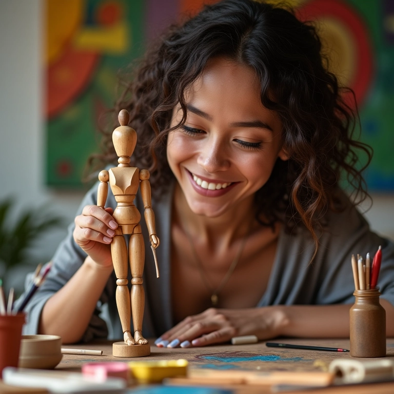 Artesã pintando uma delicada bailarina de madeira.