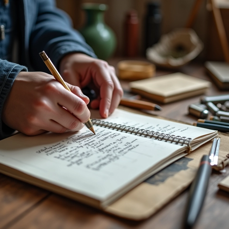 Artesã planejando um projeto de artesanato com materiais organizados ao redor, foco no planejamento.