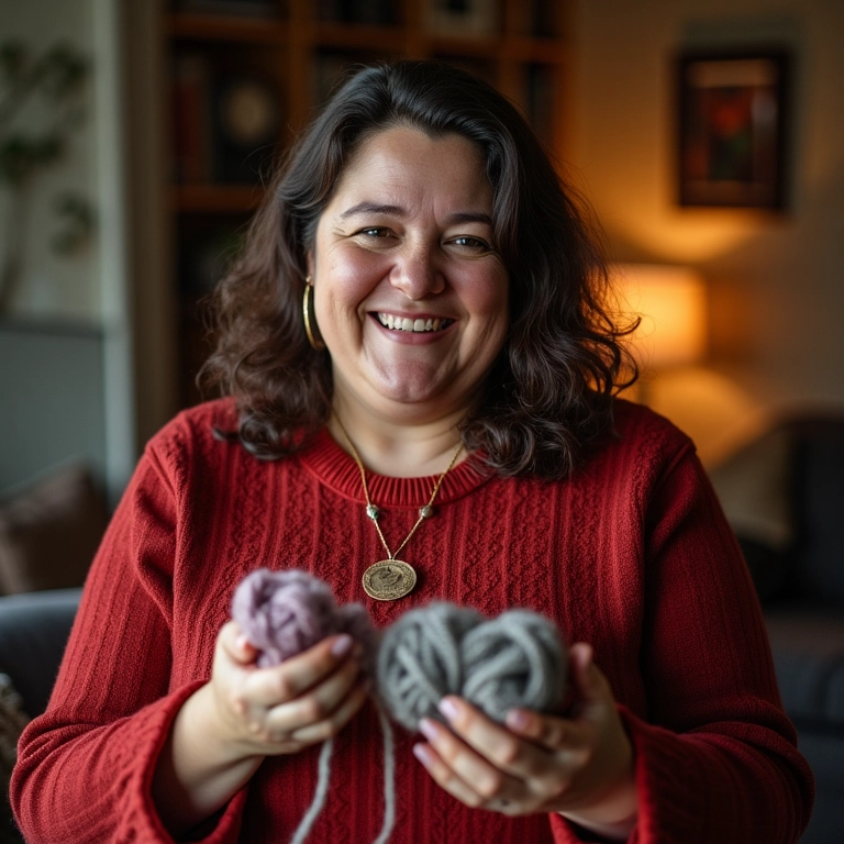 Artesã plus size mostrando tricô em comunidade online.