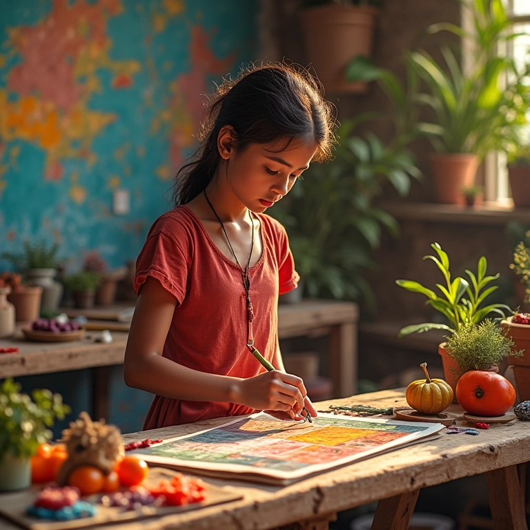 Artesã preparando conteúdo exclusivo para seus assinantes do Instagram, materiais de artesanato.