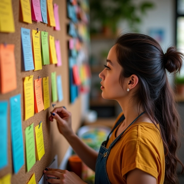 Artesã priorizando tarefas com notas adesivas em um mural.