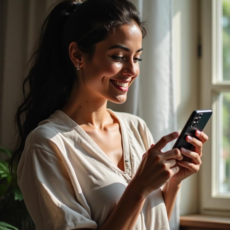 Artesã respondendo a comentários em sua publicação do Instagram, sorrindo.