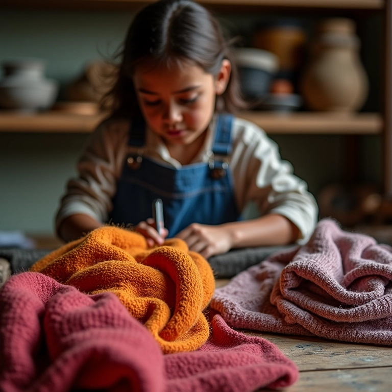 Artesã selecionando cuidadosamente materiais de alta qualidade em seu ateliê.