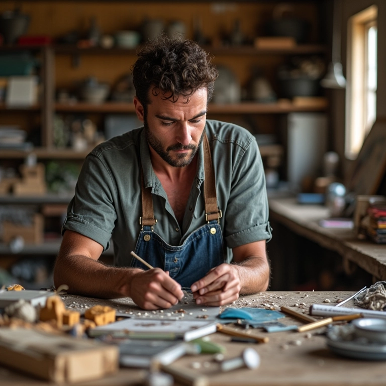 Artesã sobrecarregada em meio a projetos inacabados e materiais de artesanato.