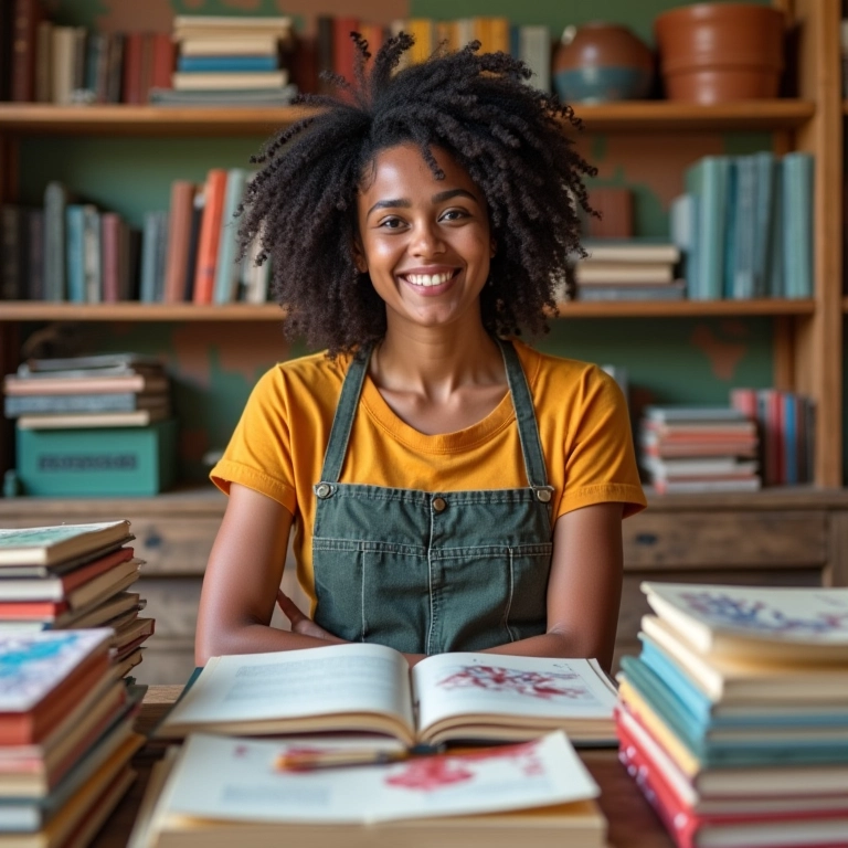 Artesã sorrindo cercada por cadernos artesanais em uma oficina vibrante.