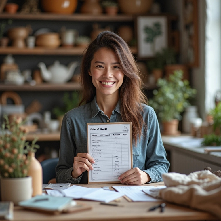 Artesã sorrindo com planilha de preços no ateliê.