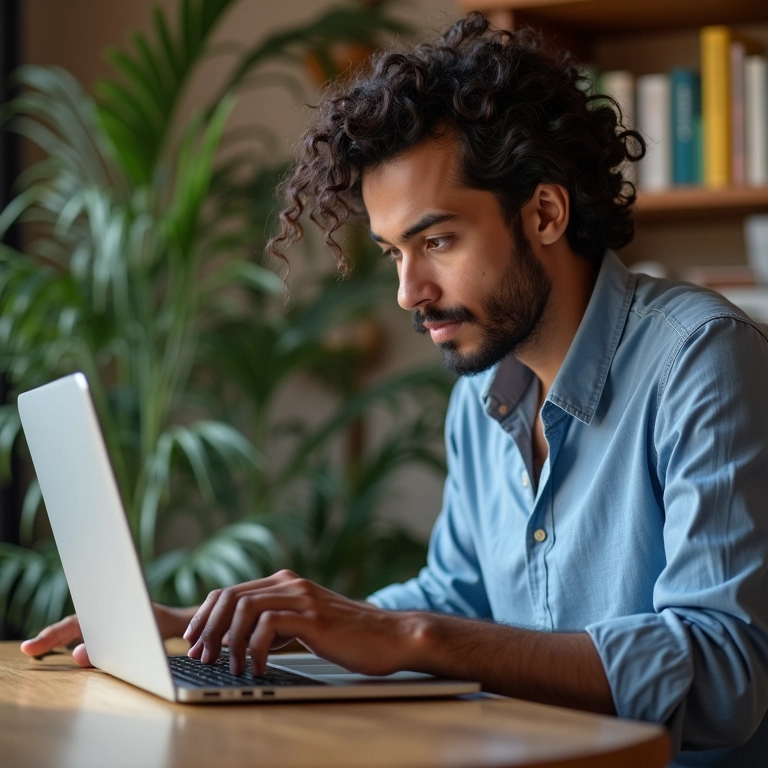 Artesã usando laptop com dashboard de analytics em home office com decoração brasileira.