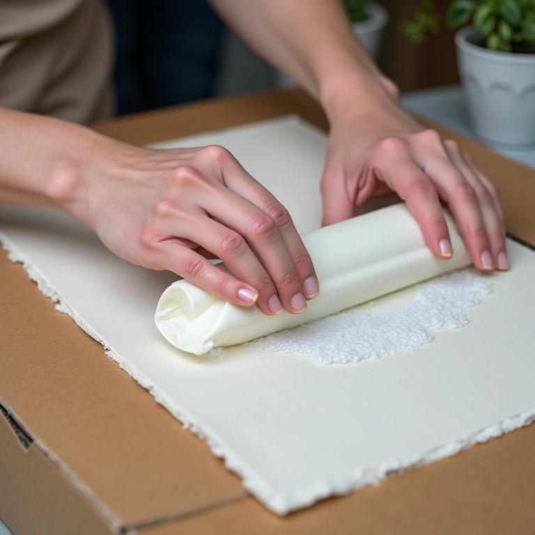 Artesã utilizando espátula para evitar bolhas ao colar tecido em caixa de cartonagem.