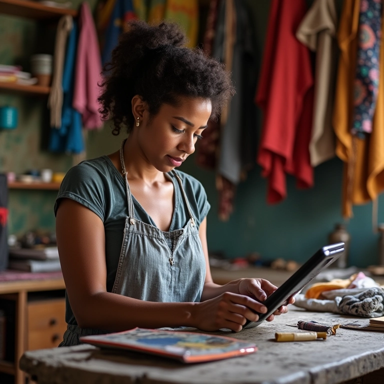 Artesã utilizando ferramentas de gestão de tempo em um tablet.