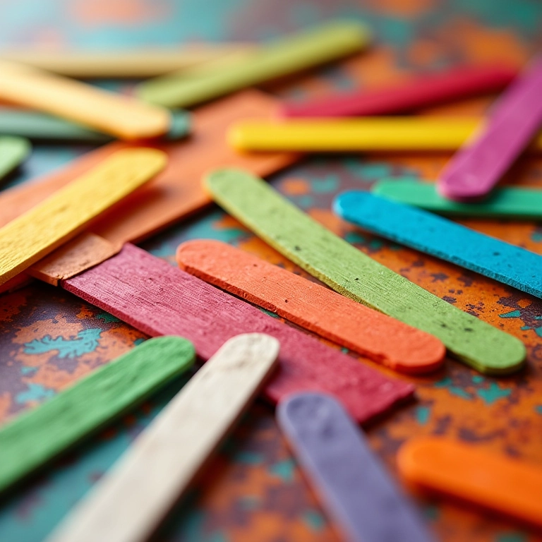 Artesanato criativo com palitos de picolé coloridos, materiais DIY vibrantes.