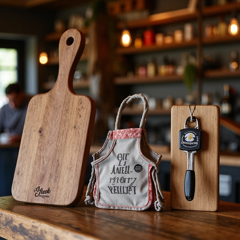 Artesanato criativo para o Dia do Açougueiro: tábua, avental e porta-chaves rústicos.
