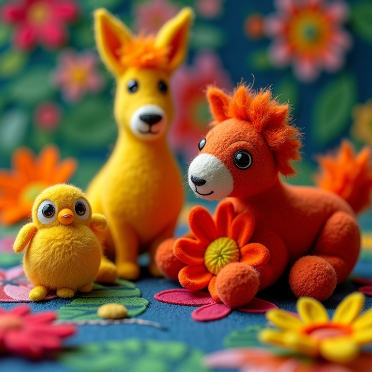 Artesanato em feltro 3D vibrante com flores e animais coloridos sobre tecido brasileiro.