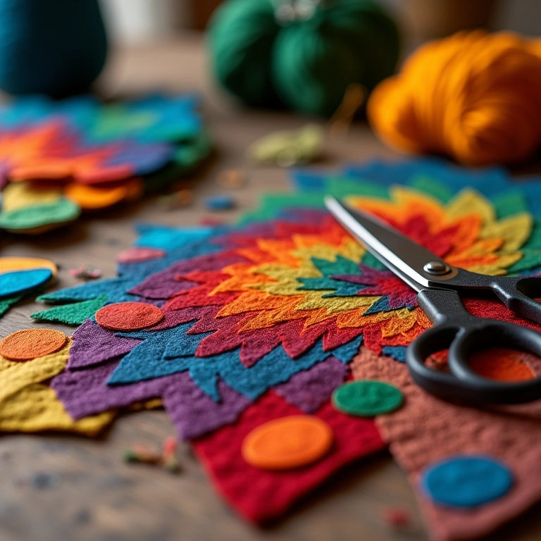 Artesanato em feltro colorido e vibrante em uma mesa de madeira rústica.