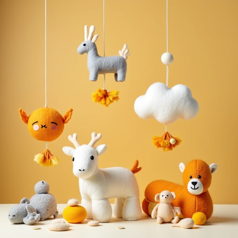 Artesanato em feltro para bebês: móbiles, guirlandas e kits de higiene personalizados.