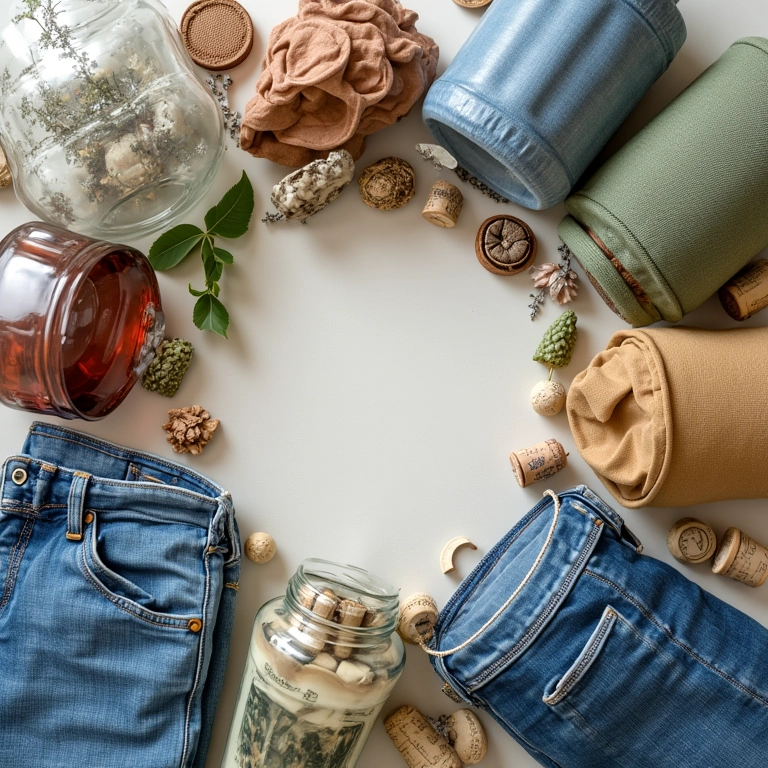 Artesanato sustentável com diversos materiais reciclados: garrafas PET, potes de vidro, jeans velho, cápsulas de café, rolhas de vinho, cacos de cerâmica e arame.
