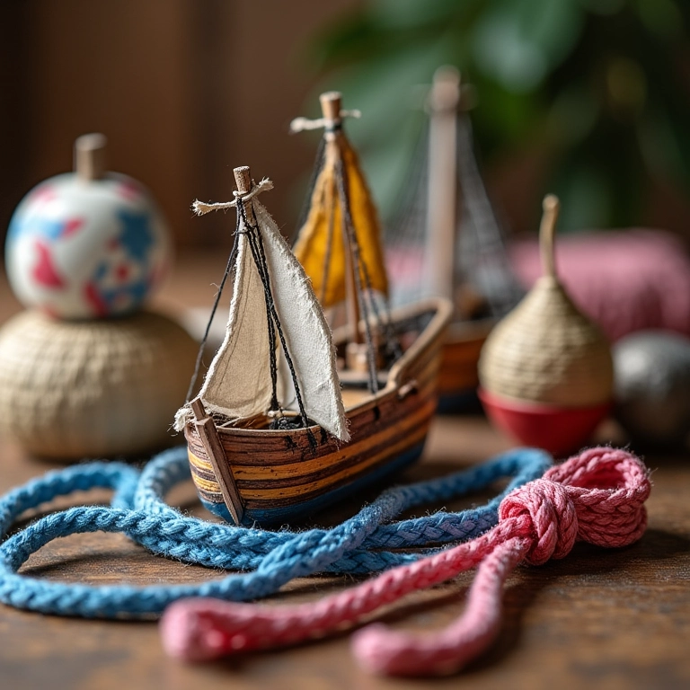 Artesanato temático marítimo para o Dia do Portuário em mesa de madeira rústica.