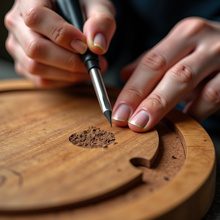 Artesão aplicando verniz em peça de madeira, destacando a beleza do acabamento.