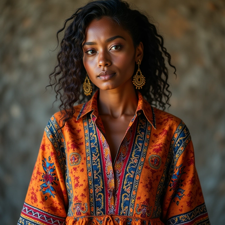 Artesão brasileiro tecendo padrões indígenas vibrantes em designs de roupas modernas.