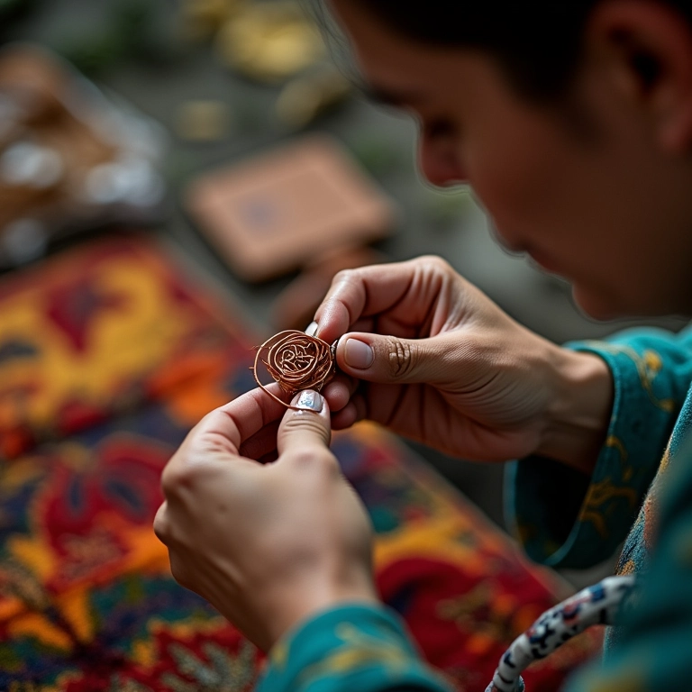 Artesão criando bijuteria de arame detalhada, com design brasileiro vibrante ao fundo.