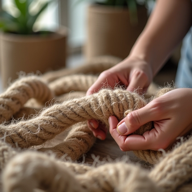 Artesão criando decoração rústica com corda de sisal em ambiente boêmio.